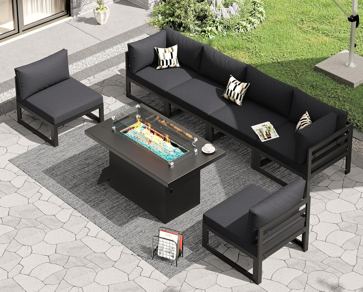 RADIATA 7 Piece L-Shaped Contemporary Aluminum Outdoor Furniture Set with Firepit, 29' Deep Wide Large Couch Set, 500 lbs High Weight Capacity Modular Patio Sectional Sofa for Garden Lawn, Dark Grey