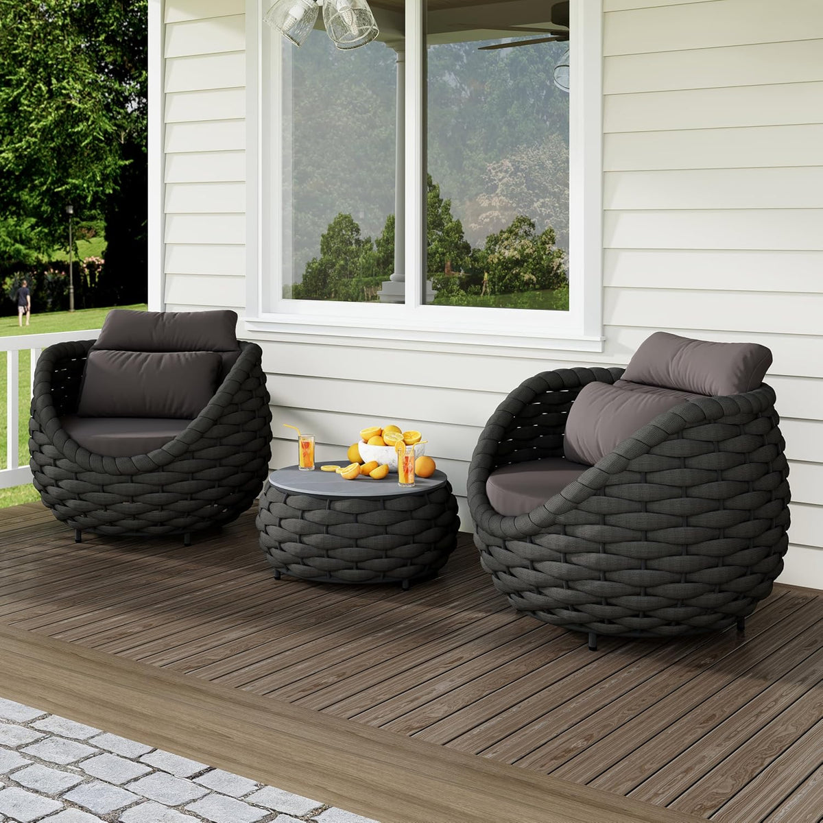 Deck Furniture Set: 3 Pieces Aluminum Woven Rope Patio Conversation Sofa Set for 2, Comfy Cushions Couch Armchair Table Set Assembled, 400lbs for Porch Balcony Pool Bistro Yard Hotel - Dark Gray