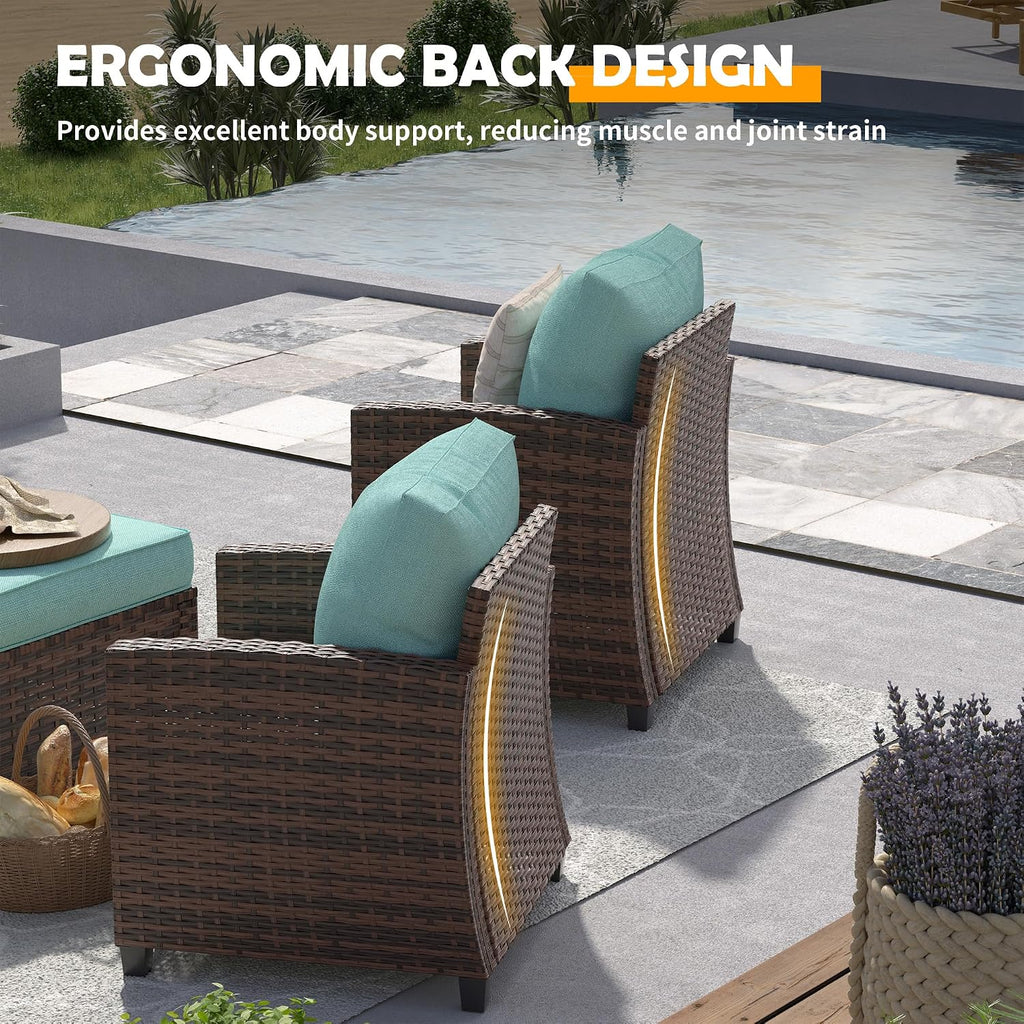 UDPATIO Patio Furniture Set with 44' Fire Pit Table, 6 Pieces Outdoor Sectional Conversation Sets, All-Weather Wicker Rattan Sofa Ottoman with 4' Thick Cushion for Garden Backyard Deck, Light Blue