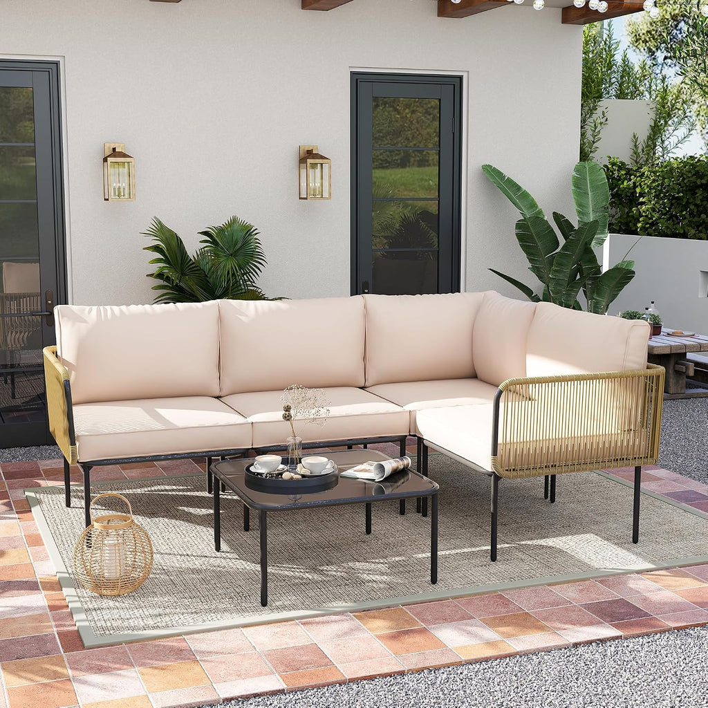 Patio Furniture Set, 5 Piece Outdoor Patio L-Shaped Conversation Set with Cushions and Table, All-Weather Rattan Woven Sectional Sofa for Backyard, Porch, Boho Detachable Lounger (Beige)