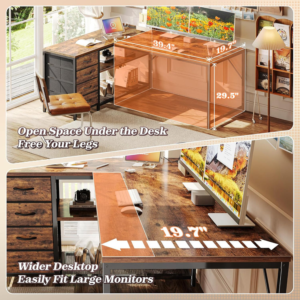 PRAISUN 53' L Shaped Desk with Power Outlets and USB-C Port, Reversible Computer Corner Office Desk with 4 Fabric Drawers and 2 Height-Adjustable Shelves, Large for Gaming Writing Study, Rustic Brown