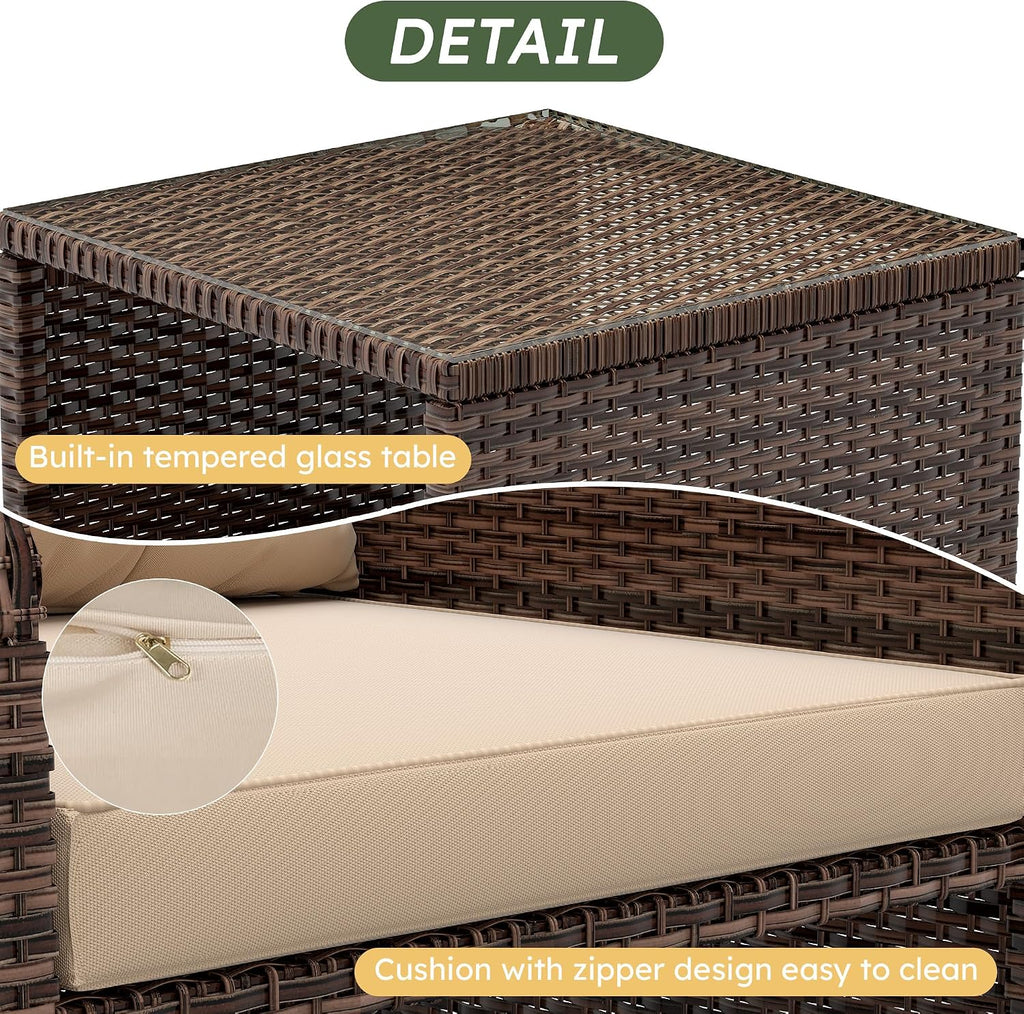 LHBcraft Balcony Furniture 5 Piece Wicker Patio Furniture Set, Outdoor Hand-Woven Rattan Lounge Chairs with Tempered Glass Coffee Table, Ottomans & Soft Cushions for Front Porch, Garden, Brown