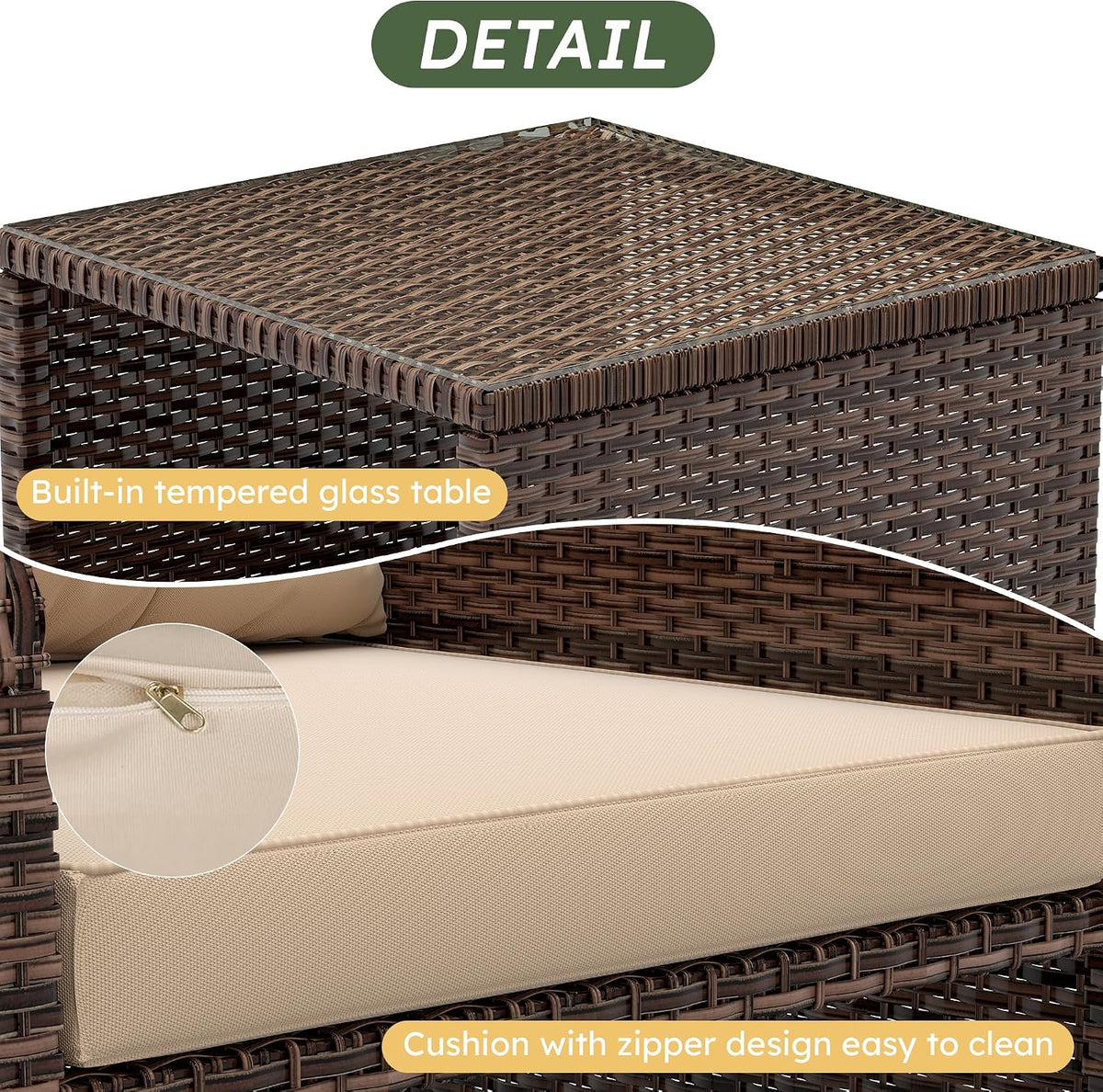 LHBcraft Outdoor Furniture 5 Piece Patio Conversation Set, PE Rattan Patio Set with Soft Cushions & Coffee Table, Outside Furniture with Hidden Ottoman for Porch, Lawn, Garden, Balcony, Brown