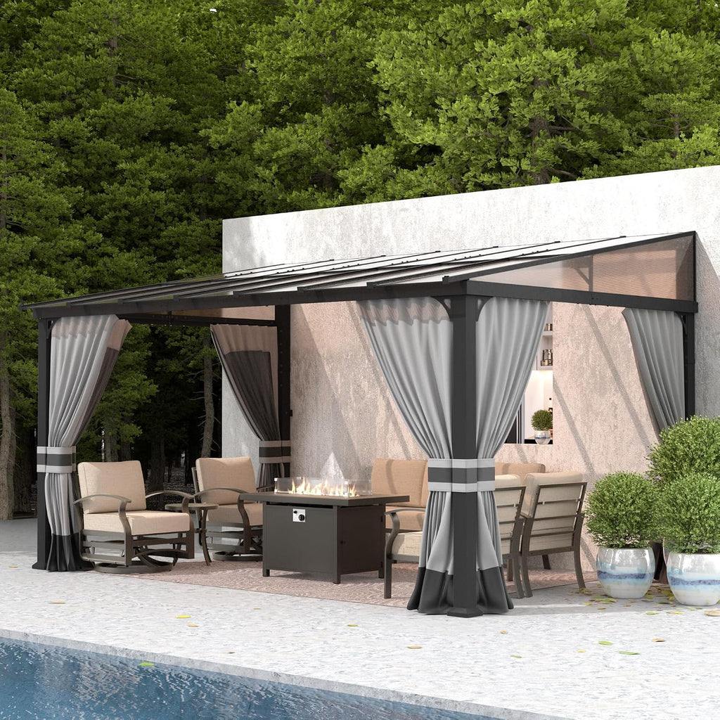 Gotland 10 FT x 14 FT Lean to Gazebo, 3 in 1 Outdoor Gazebo with Sloped Roof, Wall Mounted Gazebo with Ground Anchor Sturdy Structure, Galvanized Steel Metal Pergola for Backyard Deck Grey