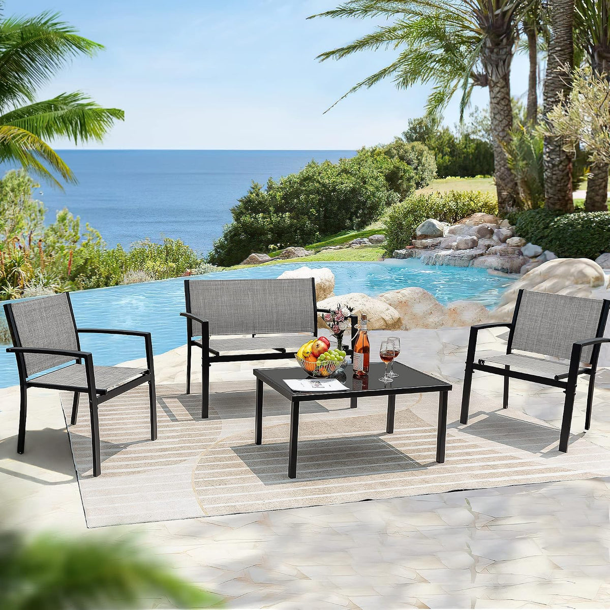 Flamaker 4 Pieces Patio Furniture Outdoor Furniture Patio Furniture Set Textilene Bistro Set Modern Conversation Set Black Bistro Set with Loveseat Tea Table for Home, Lawn and Balcony (Grey)