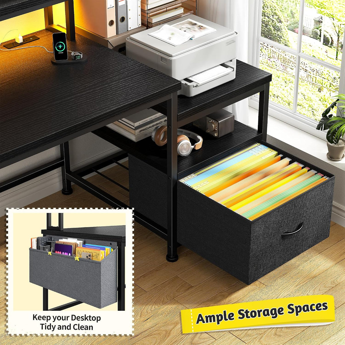 DurayLoly Gaming Desk with Monitor Stand,Computer Desk with LED Lights &Power Outlets,Office Desk with Drawers & Printer Shelf,Writing Table with Side Storage Bag,57' W x 20' D x 36' H,Black Desk