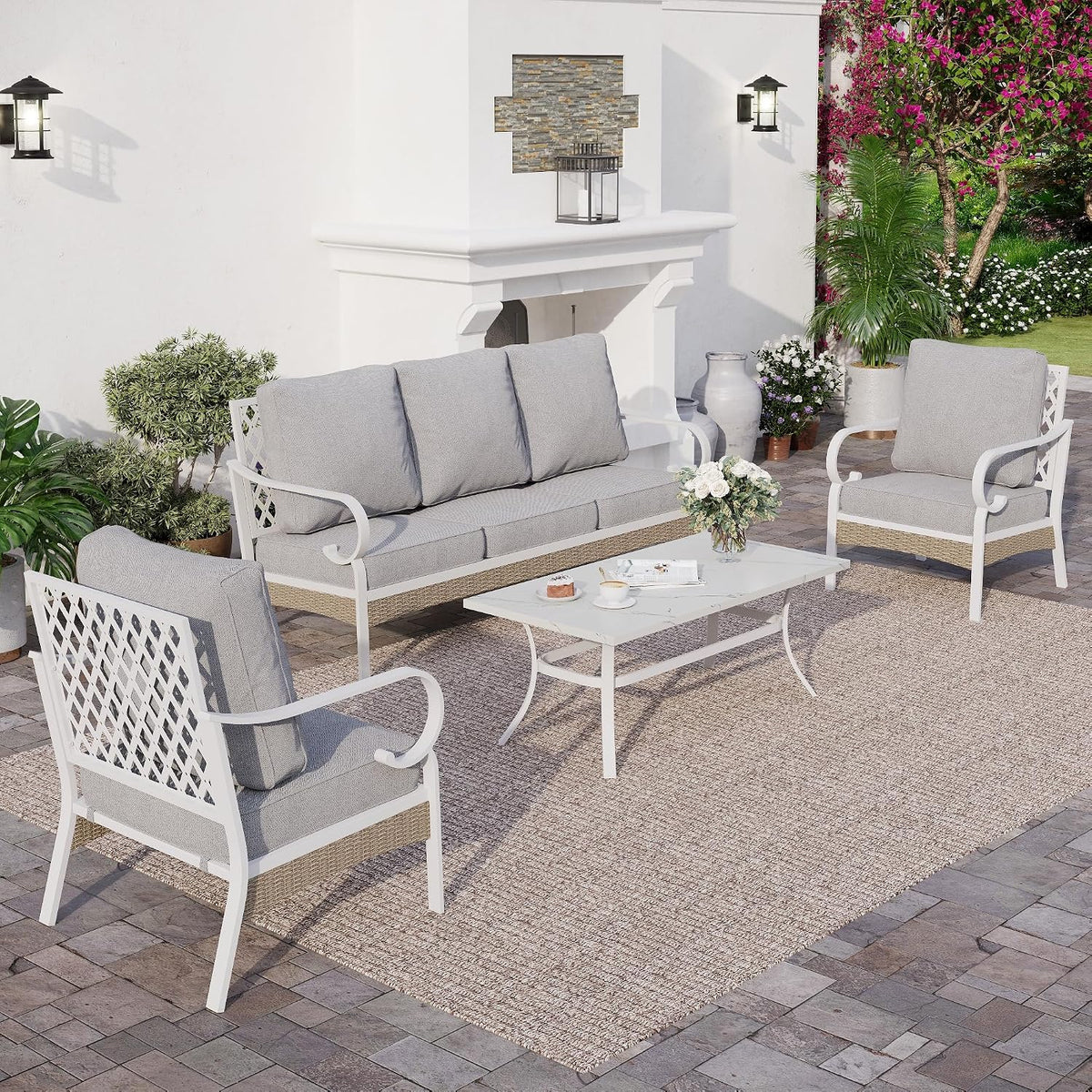 SUNSHINE VALLEY 4 Piece Metal Outdoor Patio Furniture Set, Patio Conversation Sets 1 3-Seater Sofa, 2 Single Sofa with 5.75' Extra Thick Cushion and Coffee Table, White Frame Backyard Furniture, Gray