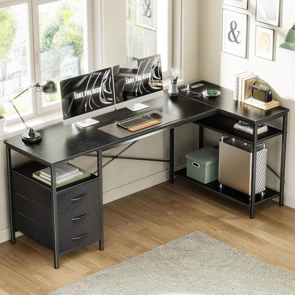 Huuger L Shaped Desk with Power Outlets, 63 Inch Reversible Computer Desk with 3 Drawers and Shelves, Home Office Table for Corner Work Study Writing Gaming, Black