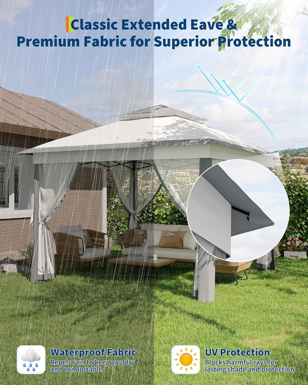 GarveeLife 11'x11 Pop-Up Gazebo, Instant Outdoor Canopy Tent with Mosquito Nettings, Durable Steel Frame, Water, and UV Proof, for Patio, Garden, Courtyard, Party (Grey)