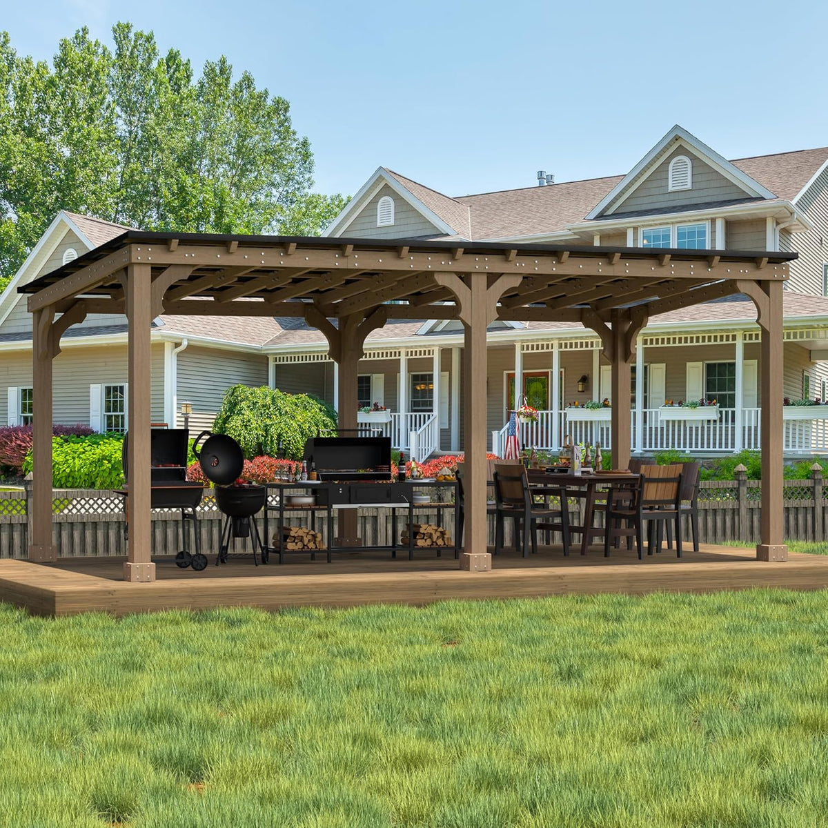 Yardenaler 10 x 20 FT Wooden Grill Gazebo with Sloping Metal Roof, BBQ Gazebo with 5.5' Width Wood Posts & Rainwater Drainage for Barbecue, Garden, Backyard, Light Mocha Brown