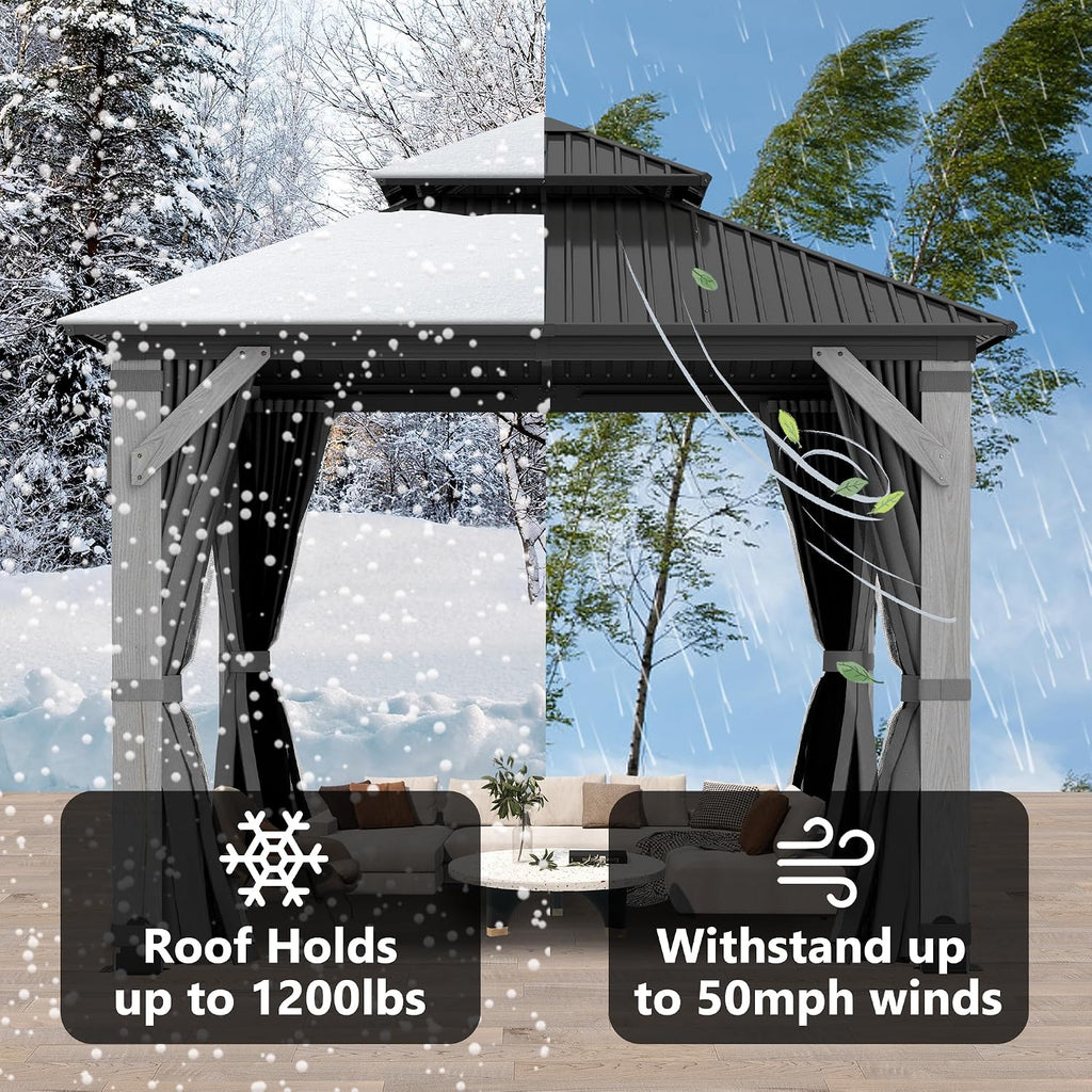 10x12FT Hardtop Wood Gazebo, Outdoor Gazebo with Cedar Wooden Pillar & Double Metal Roof - Weather-Resistant Gazebos Pavilion for Patio, Garden, Backyard (w/Netting & Gray Curtains)
