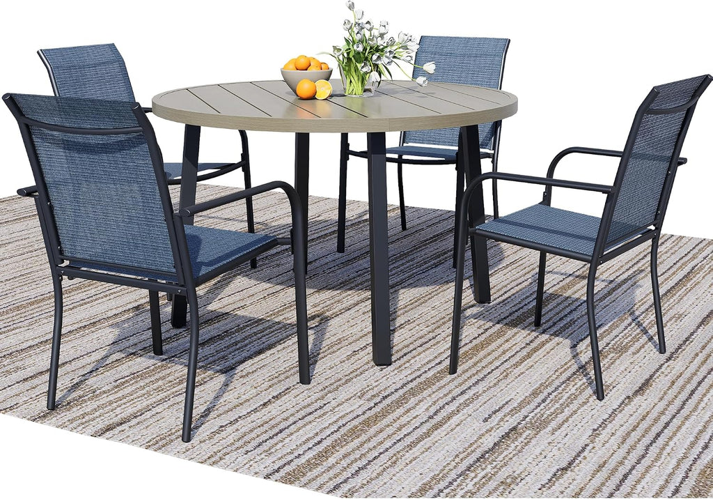 5-Piece Patio Furniture Set, Patio Table and Chairs Set of 4, Ivory Round Patio Table and Light Blue Chairs, Patio Furniture Set for Garden, Yard, Patio