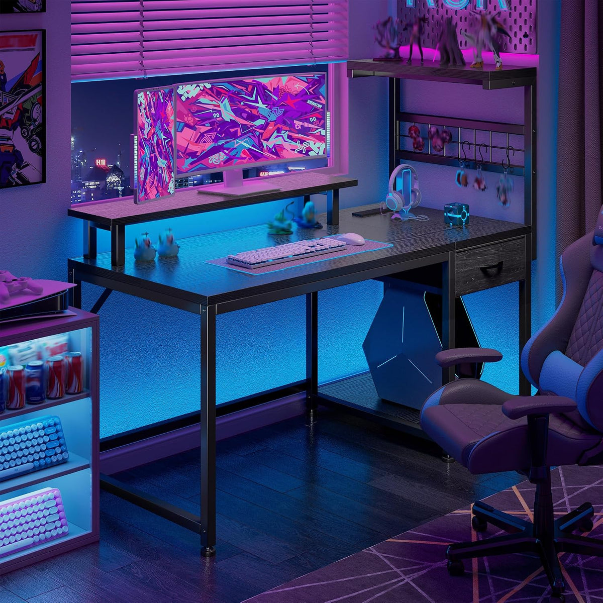 EnHomee 48' Gaming Desk with LED Lights & Power Outlets, Home Office Desk with Monitor Stand, Computer Desk with Drawer & Storage Shelves for Living Room, Study Room, Gaming Room, Black