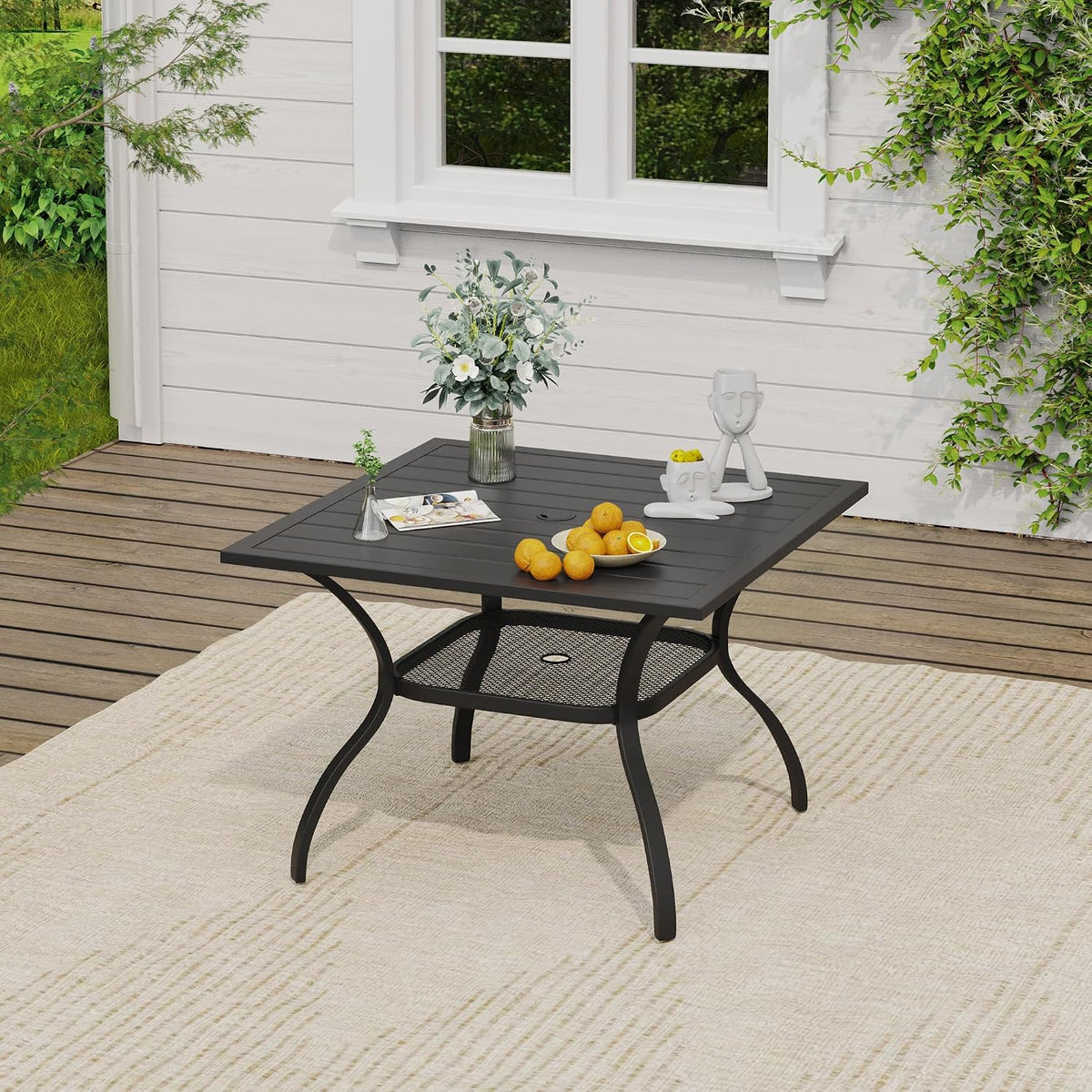 VICLLAX Outdoor Dining Set for 4, Patio Furniture Set of 4 Patio Stackable Dining Chairs and Outdoor Metal Square Table with Umbrella Hole for Backyard Lawn Garden, Brown Chairs and Black Table