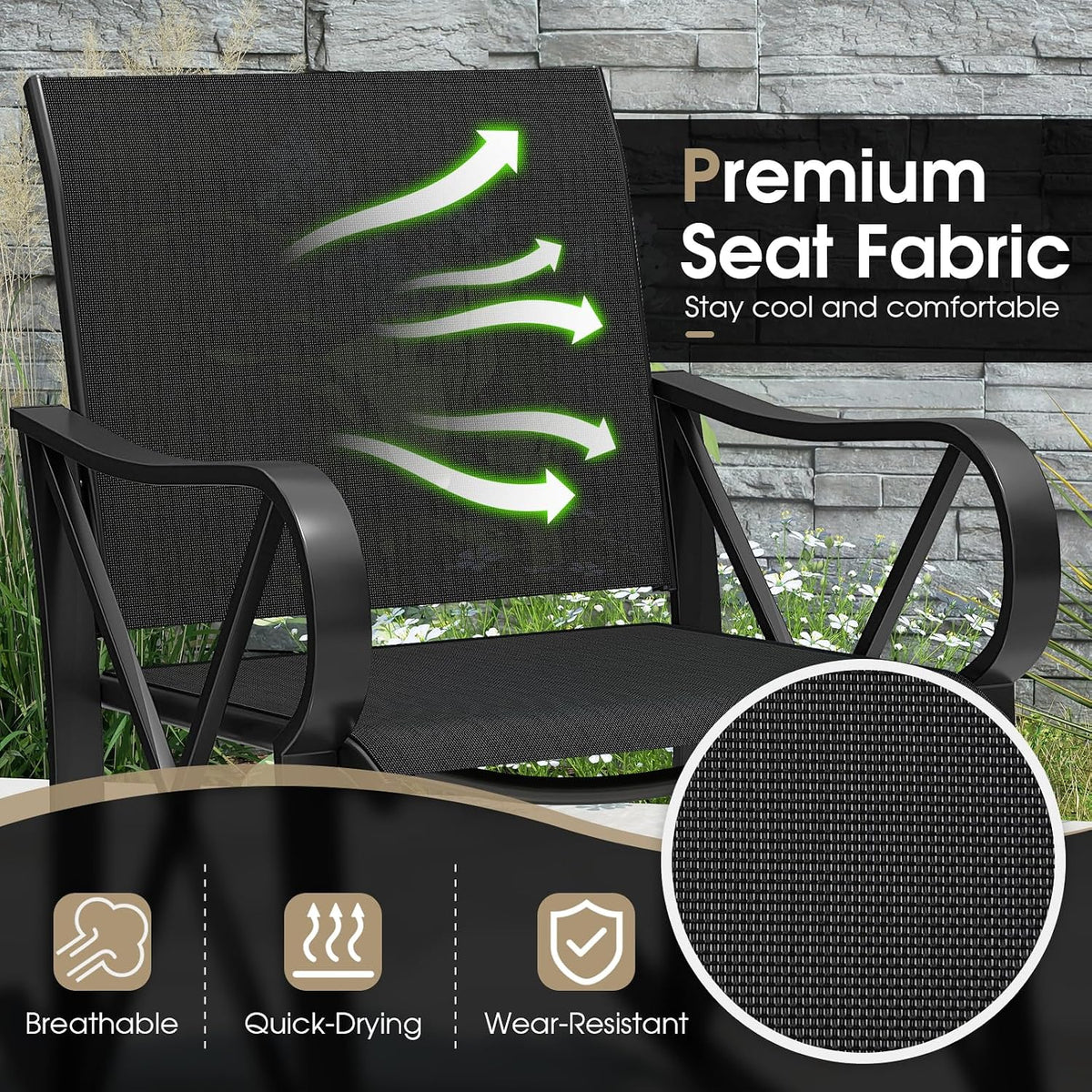 HAPPYGRILL 3-Piece Patio Rocking Bistro Set Rocker Chairs Set with Side Table, Outdoor Conversation Furniture Set with Metal Frame for Porch, Garden, Backyard, Balcony (Black)