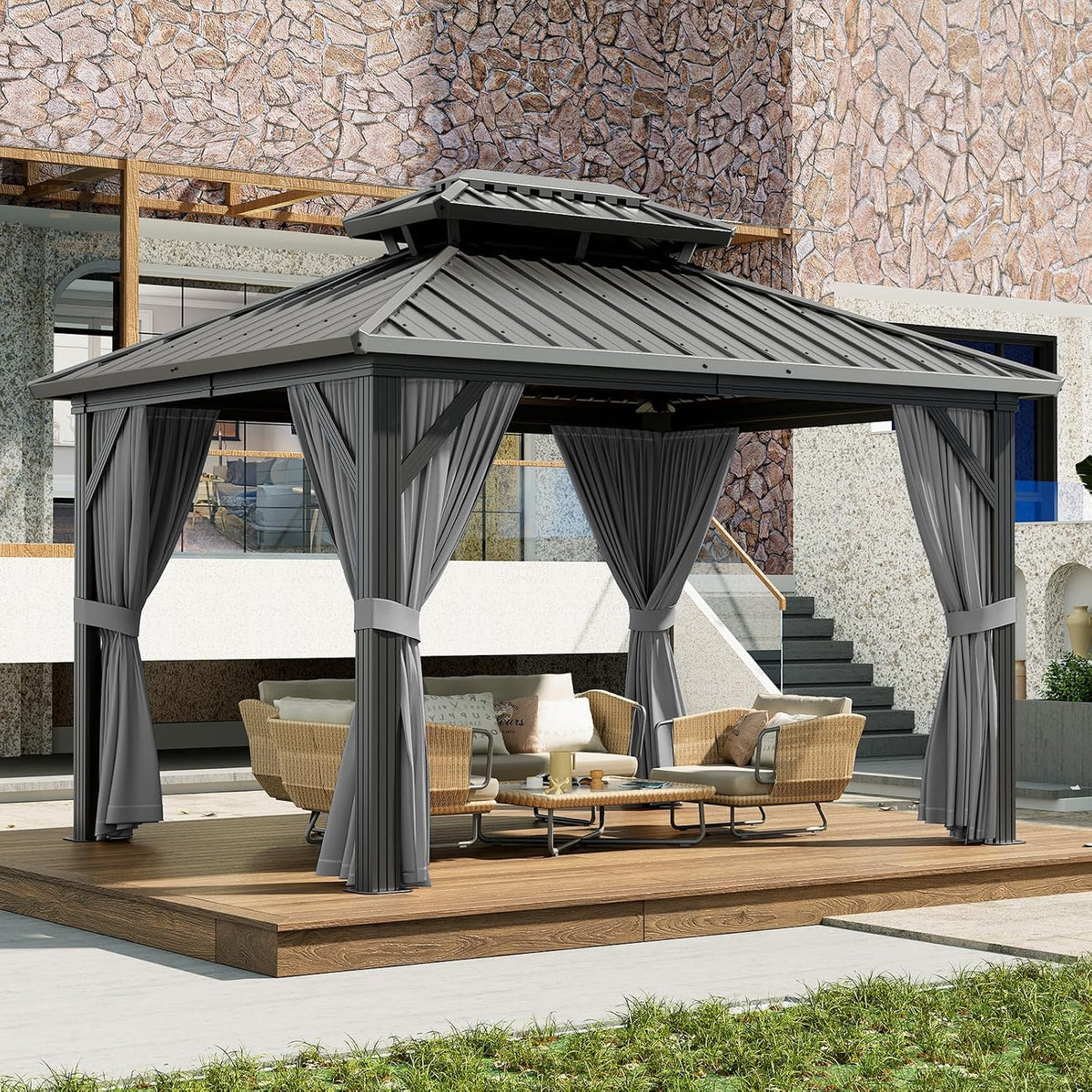 GarveeLife 10x12 ft Double Roof Hardtop Gazebo, Heavy Duty Galvanised Steel Hardtop Pavilion with Nettings and Curtains, Aluminum Gazebo for Patio, Terrace, Lawn and Deck, Grey