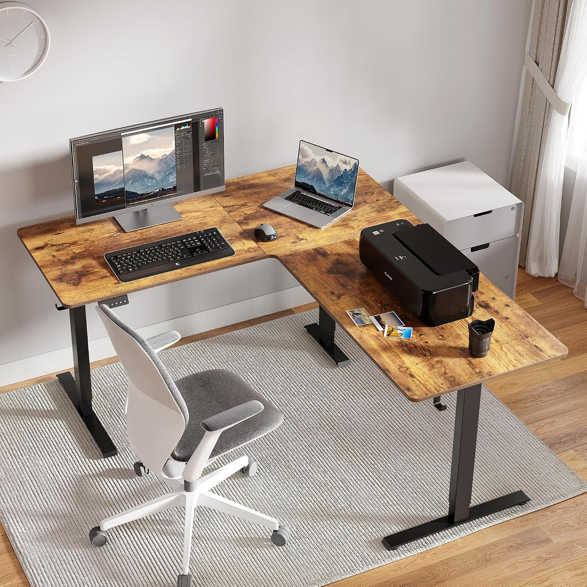 FEZIBO 63' L Shaped Standing Desk - Adjustable Corner Standing Desk L Shape, L-Shaped Adjustable Table with Splice Board, Vintage-Brown