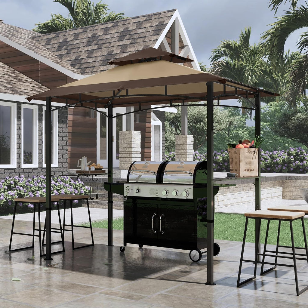 COOSHADE 8'x 5' Grill Gazebo Double Tiered Outdoor BBQ Gazebo Canopy with LED Light (Brown with Khaki)