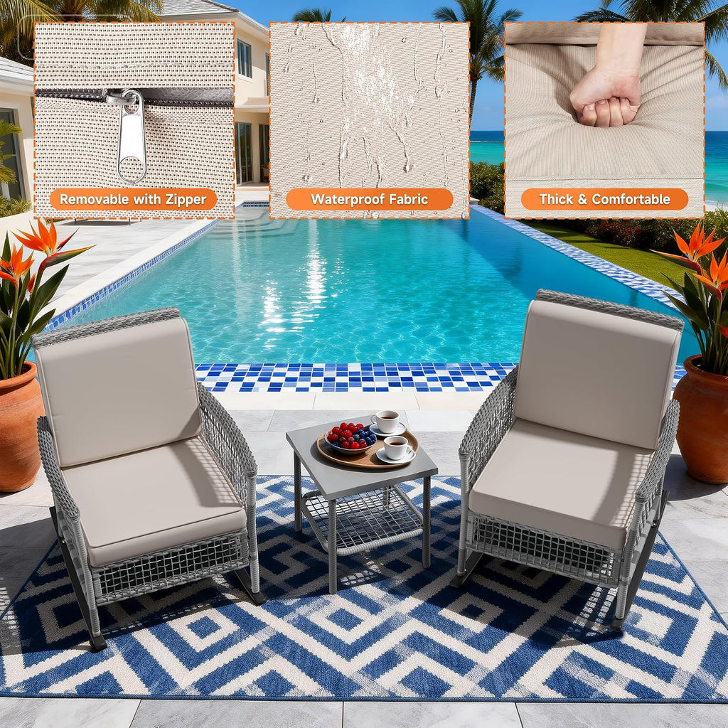 DECMICO 3 Pcs Outdoor Rocking Chair, Wicker Rocking Bistro Set with Washable Cushions, Rattan Rocking Chairs with Multi-Functional Table, Outdoor Wicker Chair for Backyard Garden Porch Poolside