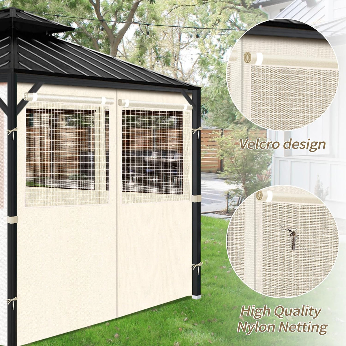 Gazebo Privacy Curtains 10' x 12' with Mosquito Windows, 4-Panels Side Wall with Zipper Universal Replacement for Patio, Outdoor Canopy, Garden and Backyard, Beige(Curtain Only)