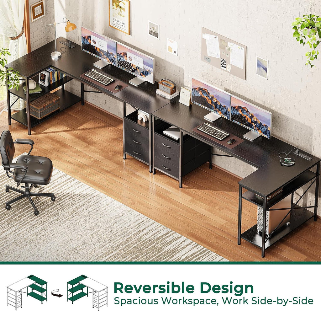 Huuger L Shaped Desk with Power Outlets, 63 Inch Reversible Computer Desk with 3 Drawers and Shelves, Home Office Table for Corner Work Study Writing Gaming, Black