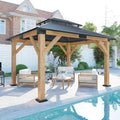 AMERLIFE 10x12 Spruce Wood Gazebo, Hardtop Gazebo with Aluminum Double Roof, Outdoor Pergola with Wood Frame for Parties, Backyard, Lawns, Patio