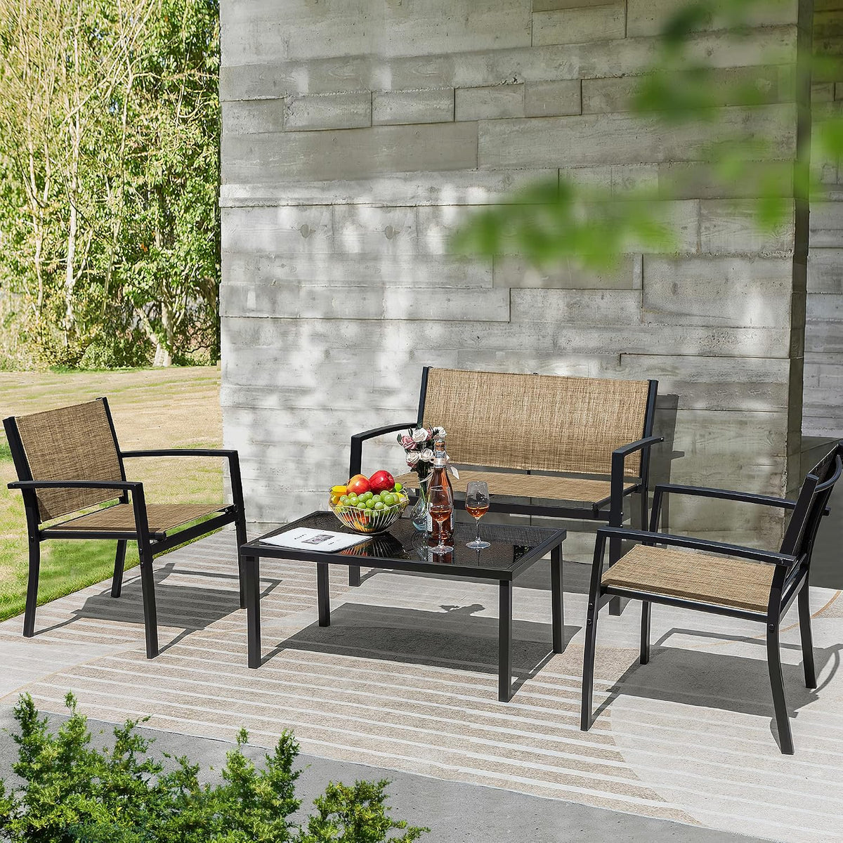 Flamaker 4 Pieces Patio Furniture Outdoor Furniture Set Textilene Bistro Set Modern Conversation Set Black Bistro Set with Loveseat Tea Table for Home, Lawn and Balcony (Yellow)