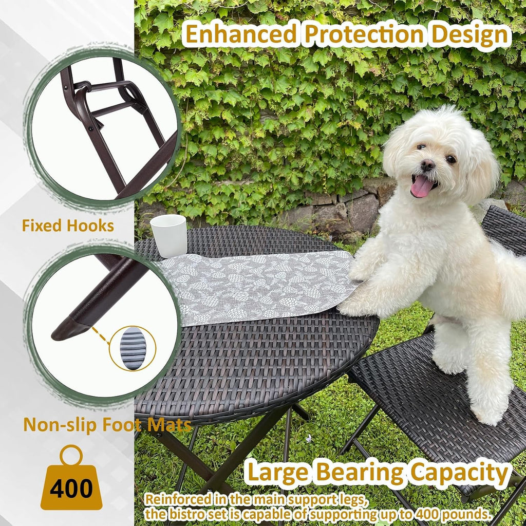 3 Pieces Folding Bistro Set PE Wicker Rattan Outdoor Patio Furniture Sets with Foldable Round Table and Chairs Perfect for Cafe Bar Garden Backyard Balcony Porch