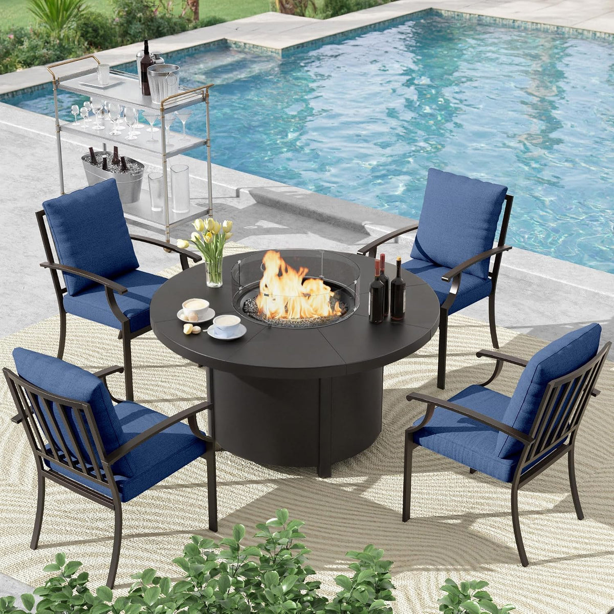 5 Pcs Metal Outdoor Patio Furniture Set with 48'/55000 BTU Outdoor Round Propane Fire Pit Table,Patio Conversation Sets 4 Fixed Chairs No-Slip Cushions and Waterproof Covers,NavyBlue