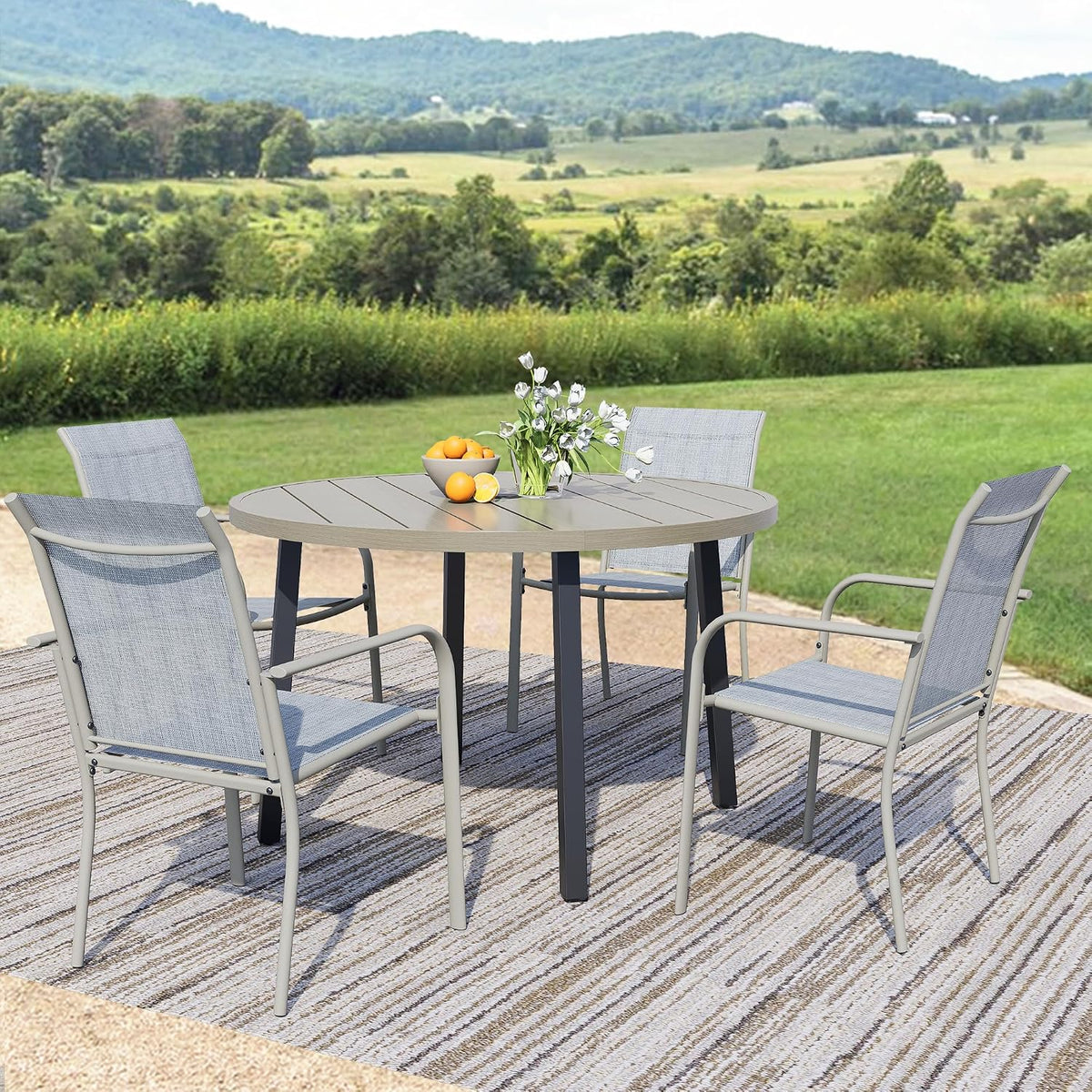 5-Piece Patio Furniture Set, Patio Table and Chairs Set of 4, Ivory Round Patio Table and Beige Chairs, Patio Furniture Set for Garden, Yard, Patio
