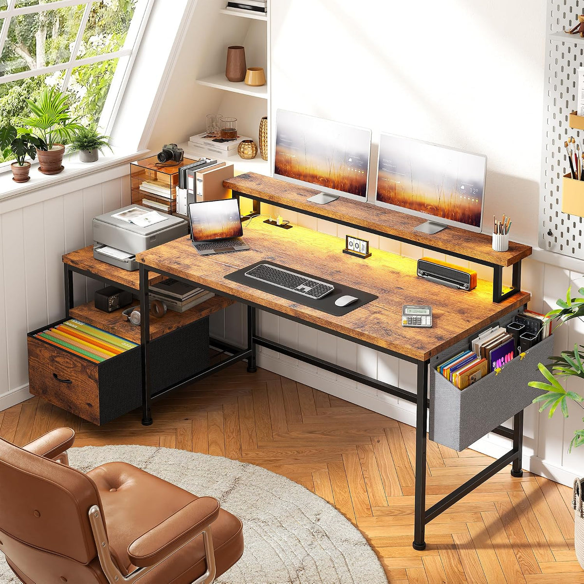 DurayLoly Computer Desk with Monitor Stand,Office Desk with LED Lights &Power Outlets,Gaming Desk with Drawers & Printer Shelf,Writing Table with Side Storage Bag,57' W x 20' D x 36' H,Rustic Brown