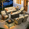 ovios 9 Pieces Patio Furniture Set, Outdoor Wicker Sofa Couch with Rocking Swivel Chairs Fire Pit Table, Modern Deep Seat Rattan Conversation Sets for Deck Porch, Beige
