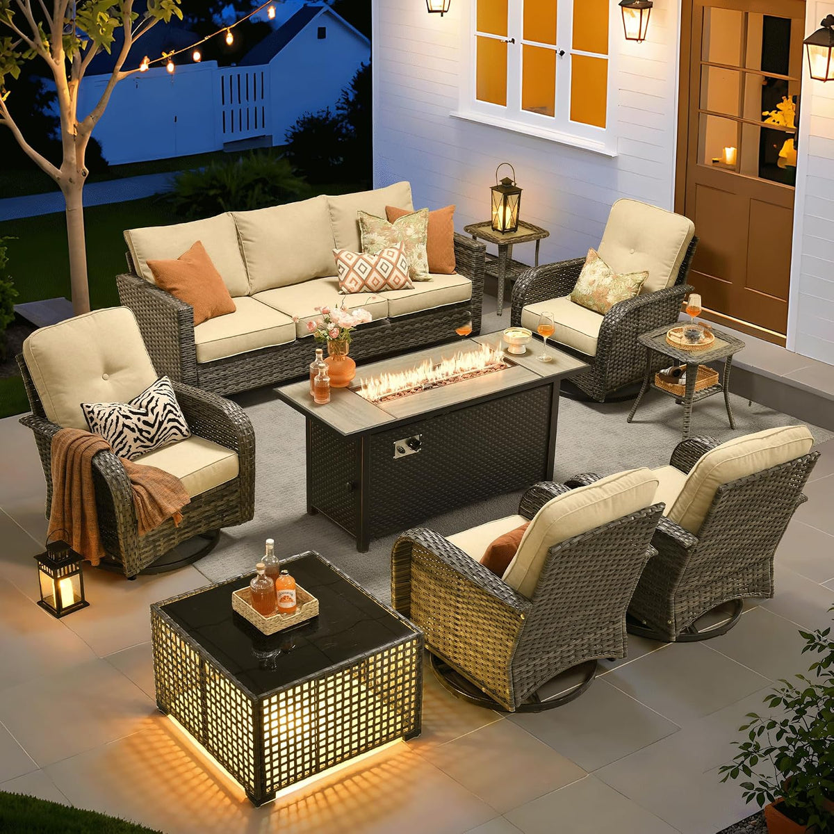 ovios 9 Pieces Patio Furniture Set, Outdoor Wicker Sofa Couch with Rocking Swivel Chairs Fire Pit Table, Modern Deep Seat Rattan Conversation Sets for Deck Porch, Beige
