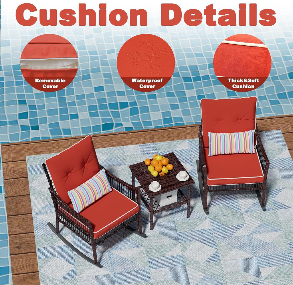 DECMICO Outdoor Rocking Chairs 3 Pieces Patio Conversation Front Porch Furniture, Wicker Rocking Chairs Bistro Set with Coffee Table and Cushions for Garden and Balcony, Orange