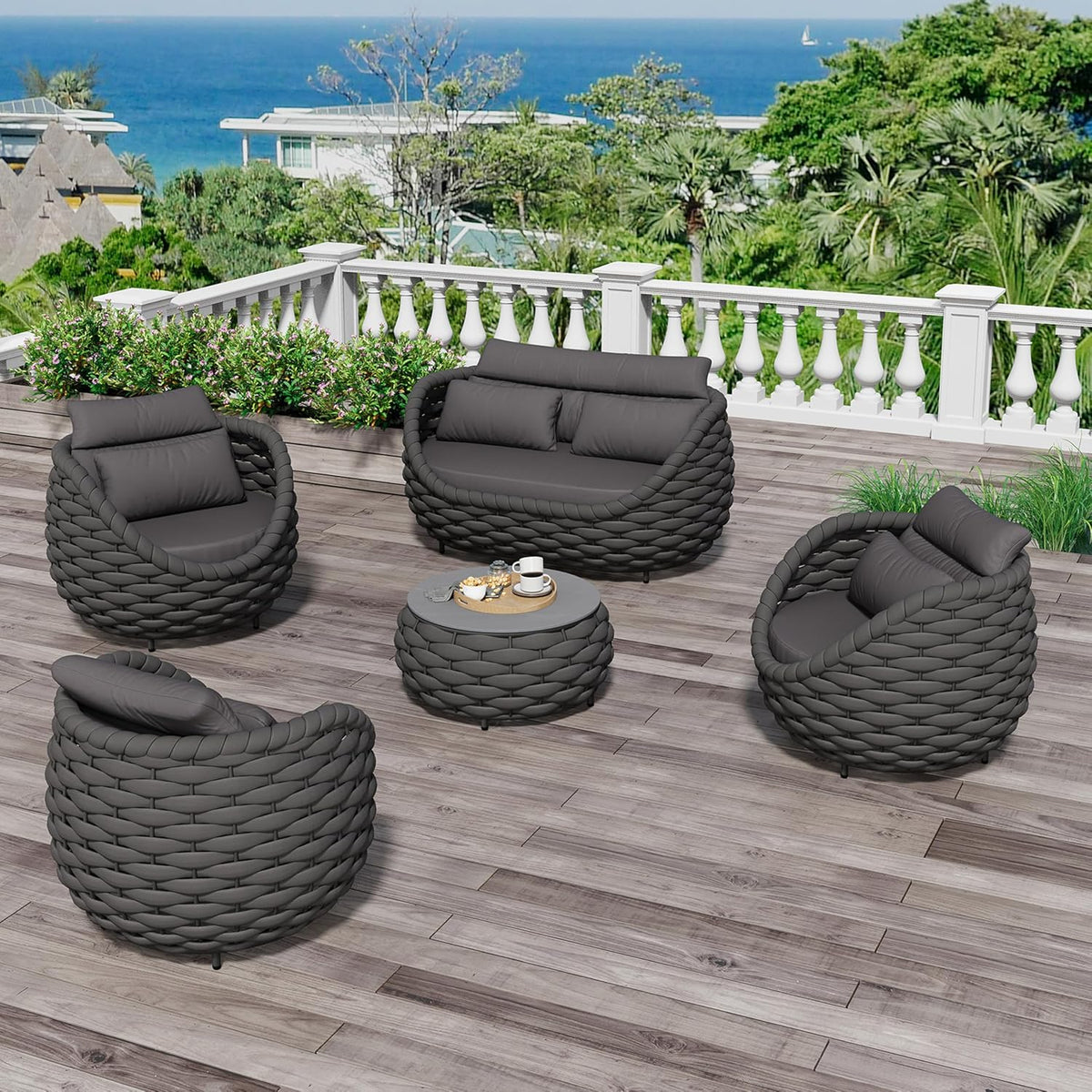 Fully Assembled Patio Furniture Set: 5 Pieces Woven Rope Outdoor Conversation Set Cushioned - Modern Metal Deck Loveseat Chair Table Set - Porch Seating For Yard Garden Poolside Hotel, Dark Grey
