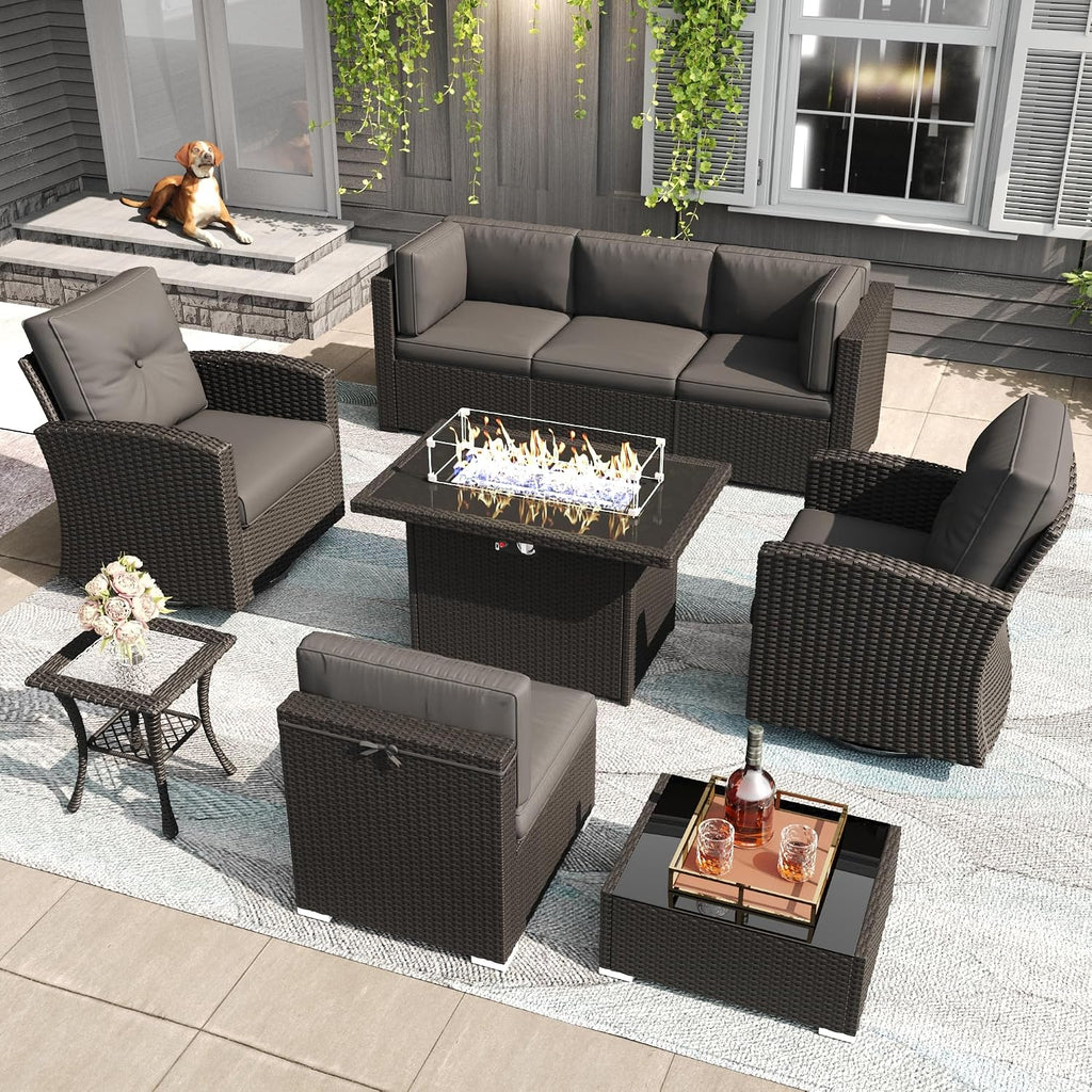 LayinSun 9 Pieces Patio Furniture Set with Fire Pit Table, Black Rattan Modular Sectional Outdoor Conversation Sofa Set, Swivel Rocking Chairs Set