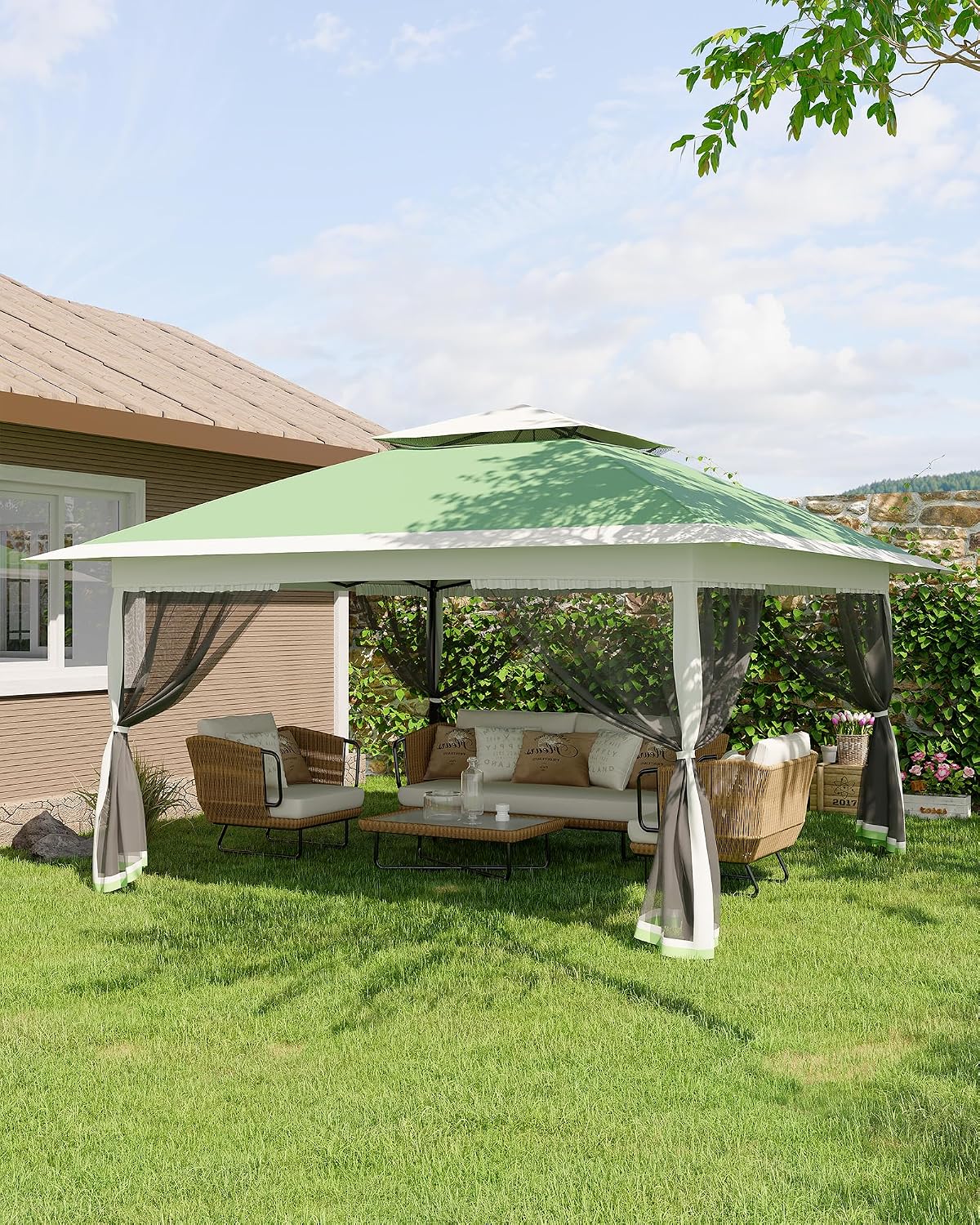 Canopy Tent 13x13 ft, Pop Up Gazebo One-Push Setup with 4 SandBags for Backyard Parties and BBQs, Mosquito Netting & Height Adjustable - Olive Green