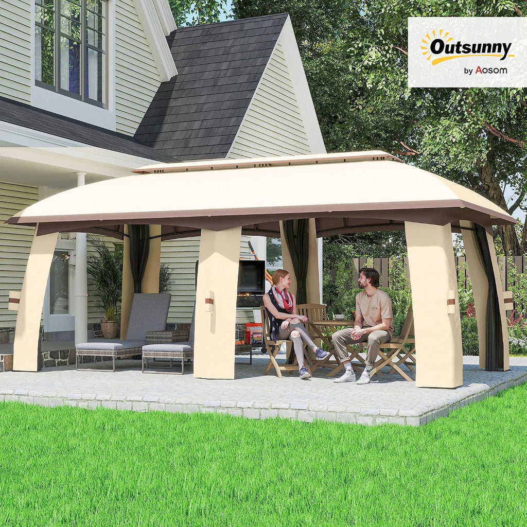 Outsunny 10' x 20' Patio Gazebo, Outdoor Gazebo Canopy Shelter with Netting, Vented Roof, Steel Frame for Garden, Lawn, Backyard, and Deck, Beige