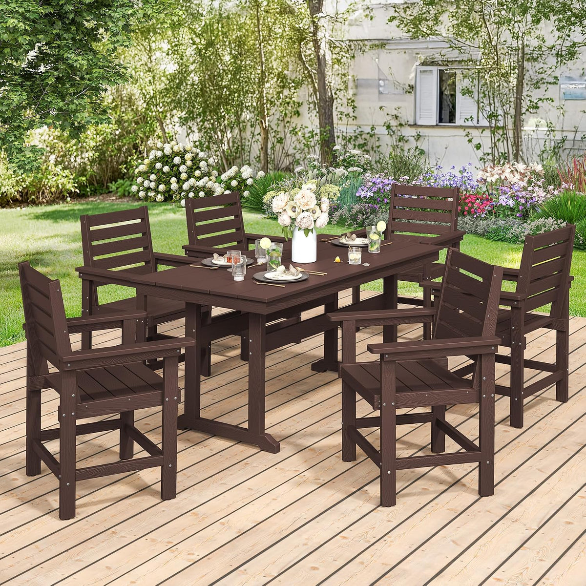 7 Piece Outdoor Dining Set, HDPS Patio Table and Chairs Set, 66' Patio Table with 1.96' Umbrella Hole & 6 Chairs, All Weather Furniture for Garden, Backyard, Poolside (Coffee Brown)