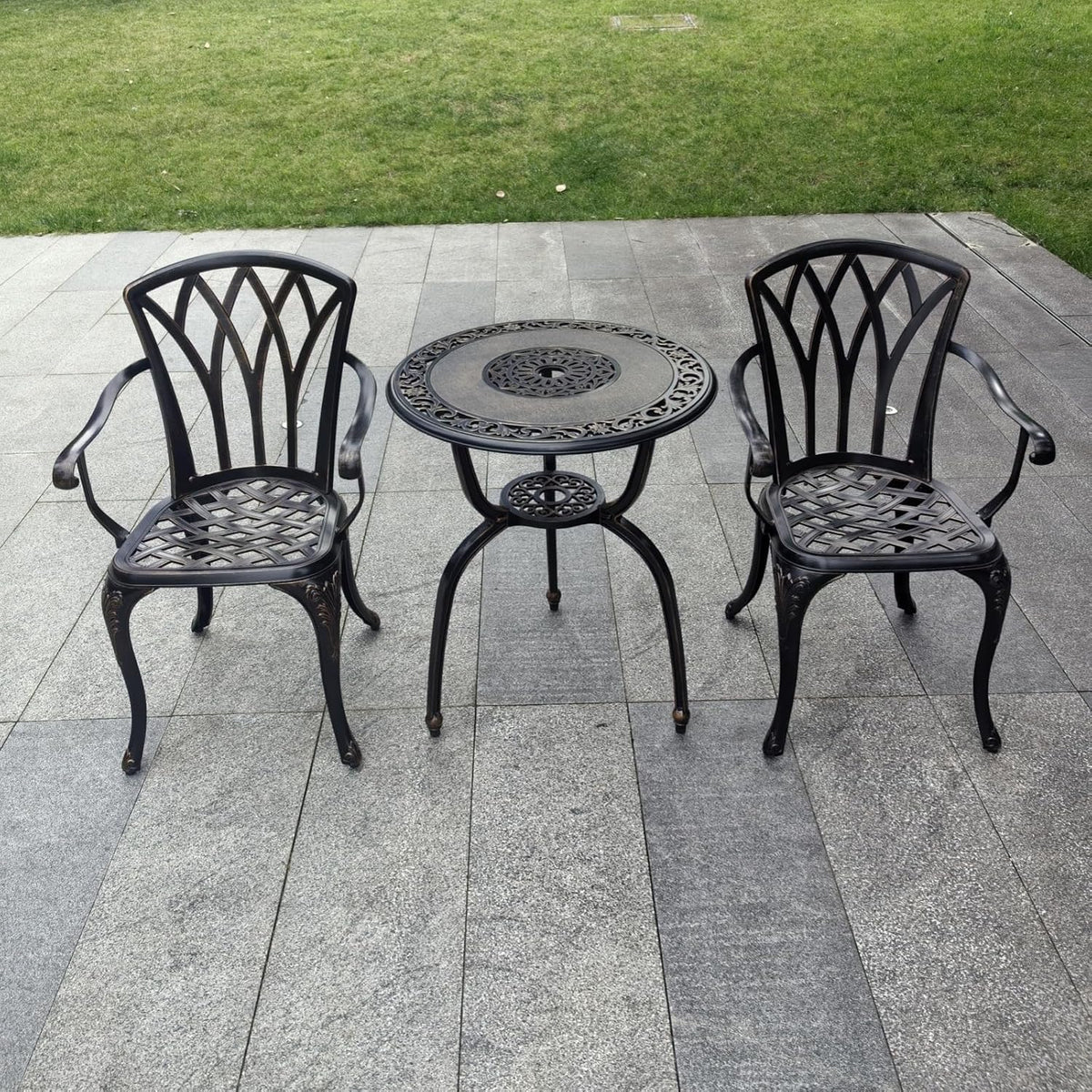 KAILI 3 Piece Bistro Table Set Cast Aluminum Outdoor Patio Furniture with Chair with armrests (Bronzed)