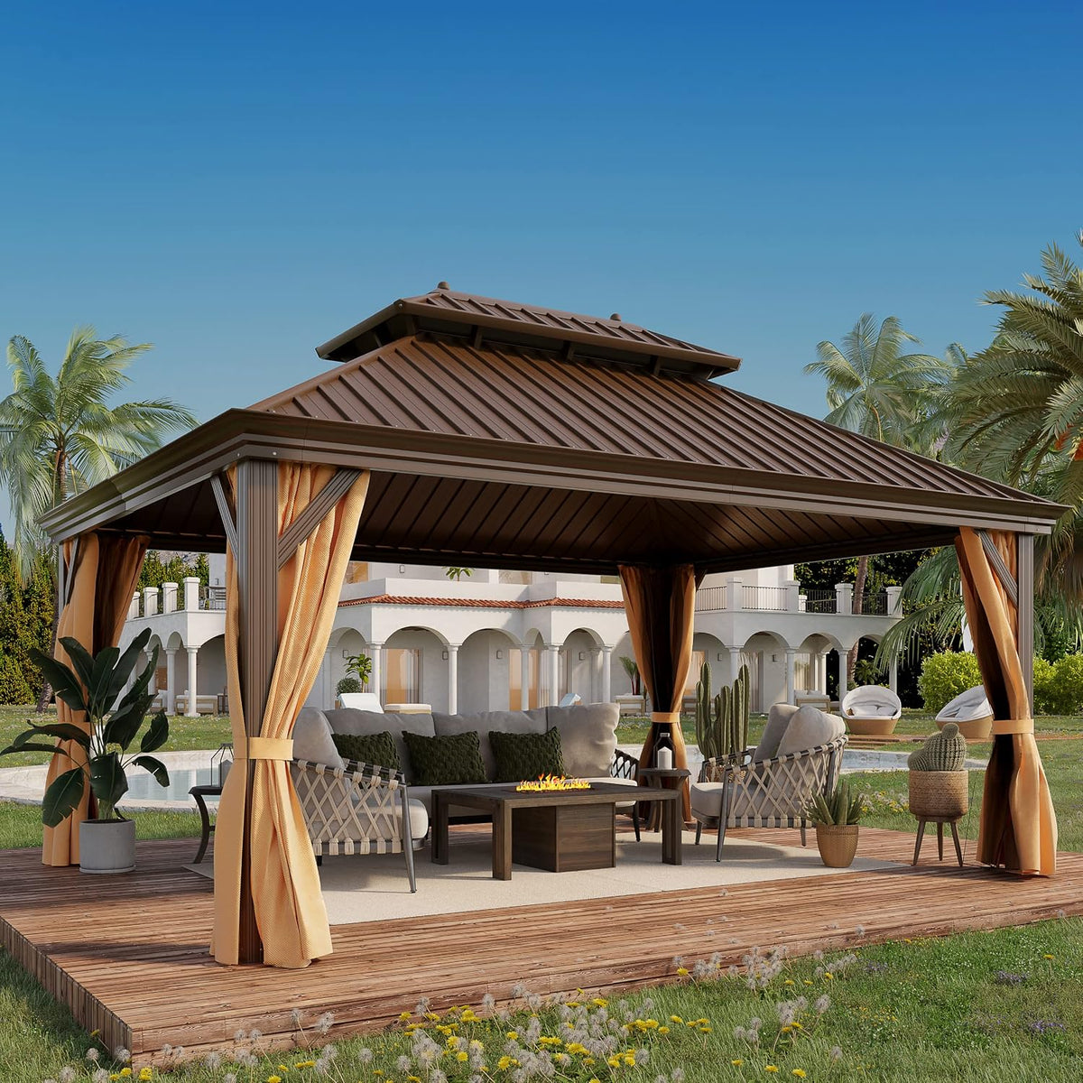 12X16 ft Hardtop Gazebo Outdoor Aluminum Patio Gazebo Double Roof Galvanized Steel Gazebo Canopy with Netting and Curtains,for Garden Patio,Patio Backyard,Deck and Lawns