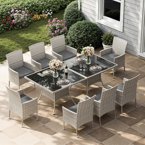 10-Piece Patio Dining Set, Patio Furniture Set with Square Tempered Glass Table & 8 Wicker Chairs, Expandable Design for Larger Groups, Outdoor Furniture for Backyard, Deck, Garden, Grey
