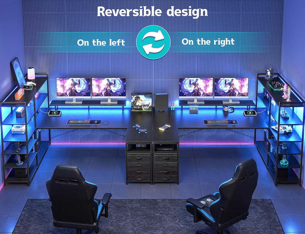DurayLoly Gaming Desk with 6 Storage Shelves & 2 Fabric Drawers,63'' Computer Desk L Shaped Desk with Power Outlet & LED Strip,Reversible U Shaped Office Desk with Monitor Stand, Black