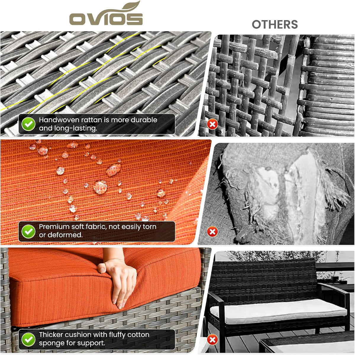 ovios 6 Pieces Patio Furniture Set with 54' Fire Pit Table, Outdoor Wicker Sofa with Comfy Cushions, All Weather High Back Rattan Couch Conversation Set, Orange Red
