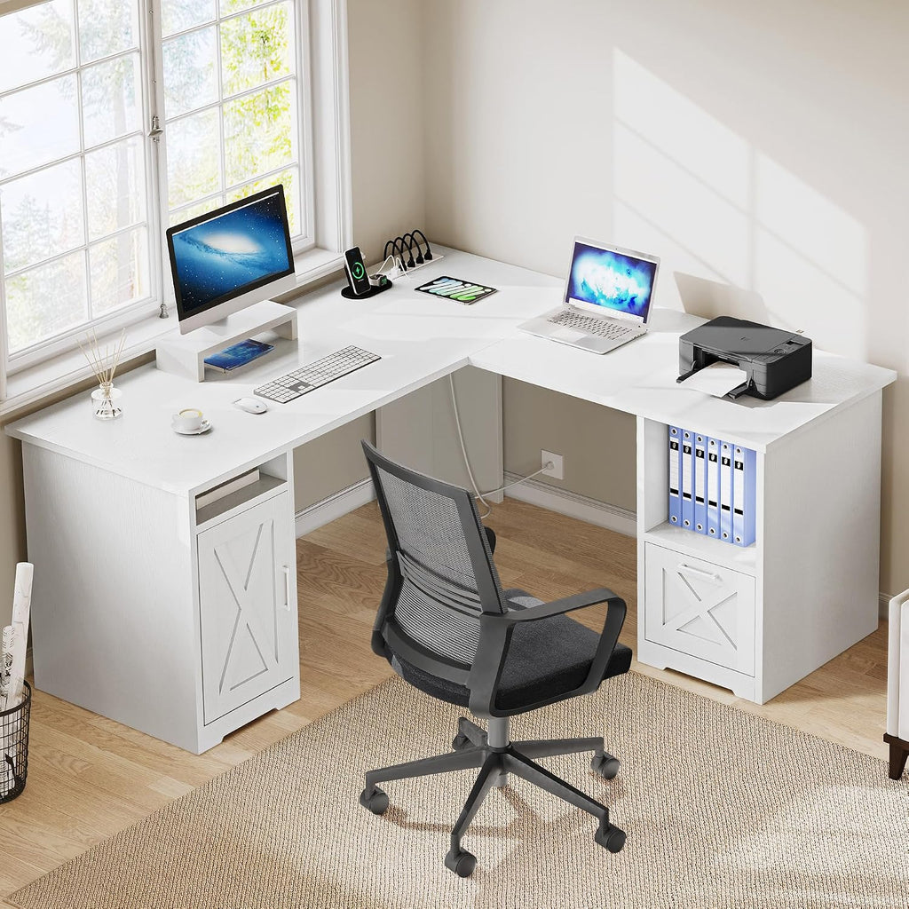 DWVO L Shaped Desk with File Drawer, 60' Corner Computer Desk with Power Outlets, Home Office Desk with Monitor Stand & Storage Shelves & File Cabinet, White