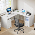 DWVO L Shaped Desk with File Drawer, 60' Corner Computer Desk with Power Outlets, Home Office Desk with Monitor Stand & Storage Shelves & File Cabinet, White