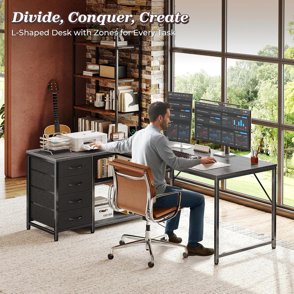 PRAISUN 53' L Shaped Desk with Power Outlets and USB-C Port, Reversible Computer Corner Office Desk with 4 Fabric Drawers and 2 Height-Adjustable Shelves, Large for Gaming Writing Work Study, Grey