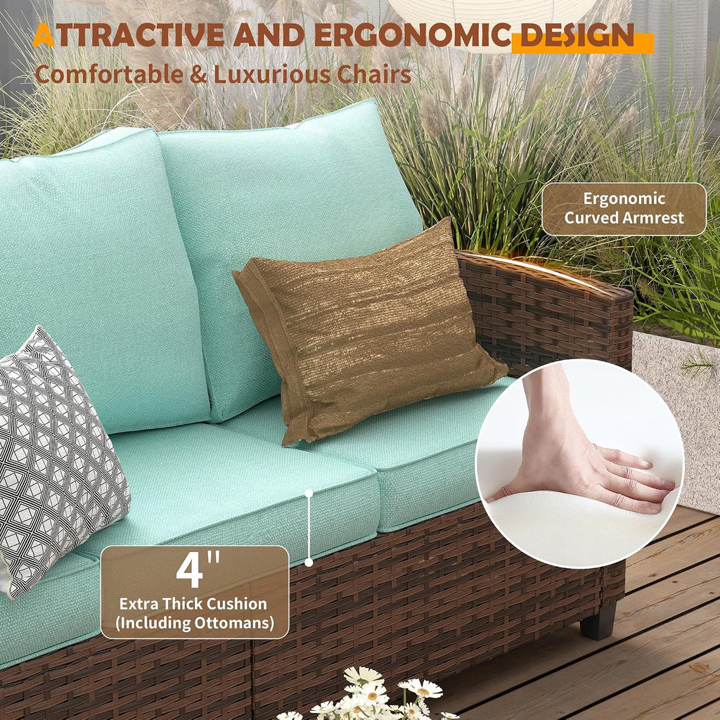 UDPATIO Patio Furniture Set with 44' Fire Pit Table, 6 Pieces Outdoor Sectional Conversation Sets, All-Weather Wicker Rattan Sofa Ottoman with 4' Thick Cushion for Garden Backyard Deck, Light Blue