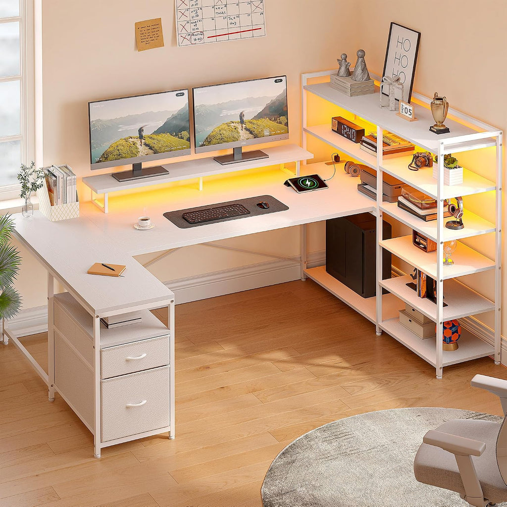 DurayLoly Computer Desk with 6 Storage Shelves & 2 Fabric Drawers,63'' L Shaped Gaming Desk with Power Outlet & LED Strip, Reversible Office Desk with Monitor Stand, White