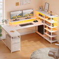 DurayLoly Computer Desk with 6 Storage Shelves & 2 Fabric Drawers,63'' L Shaped Gaming Desk with Power Outlet & LED Strip, Reversible Office Desk with Monitor Stand, White